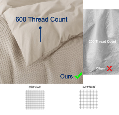 100% Egyptian Cotton Duvet Cover Set Queen Size, Waffle Weave Duvet Cover, 600 TC Soft Breathable Luxury Bedding Set for All Season, 3 PCS, 1 Duvet Cover and 2 Pillowcases, Light Beige, 90"x90"