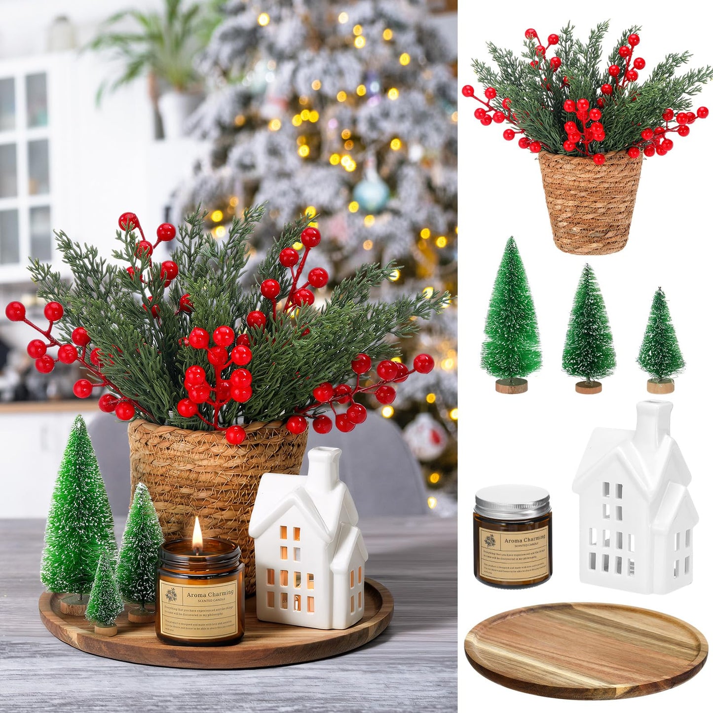 Pinkunn 25 Pcs Christmas Tray Decor Table Centerpieces with Round Wood Tray Scented Candles Ceramic Village House Mini Xmas Trees Pine Leaves Red Berries Rattan Flower Pot Xmas Decorative Set for Home