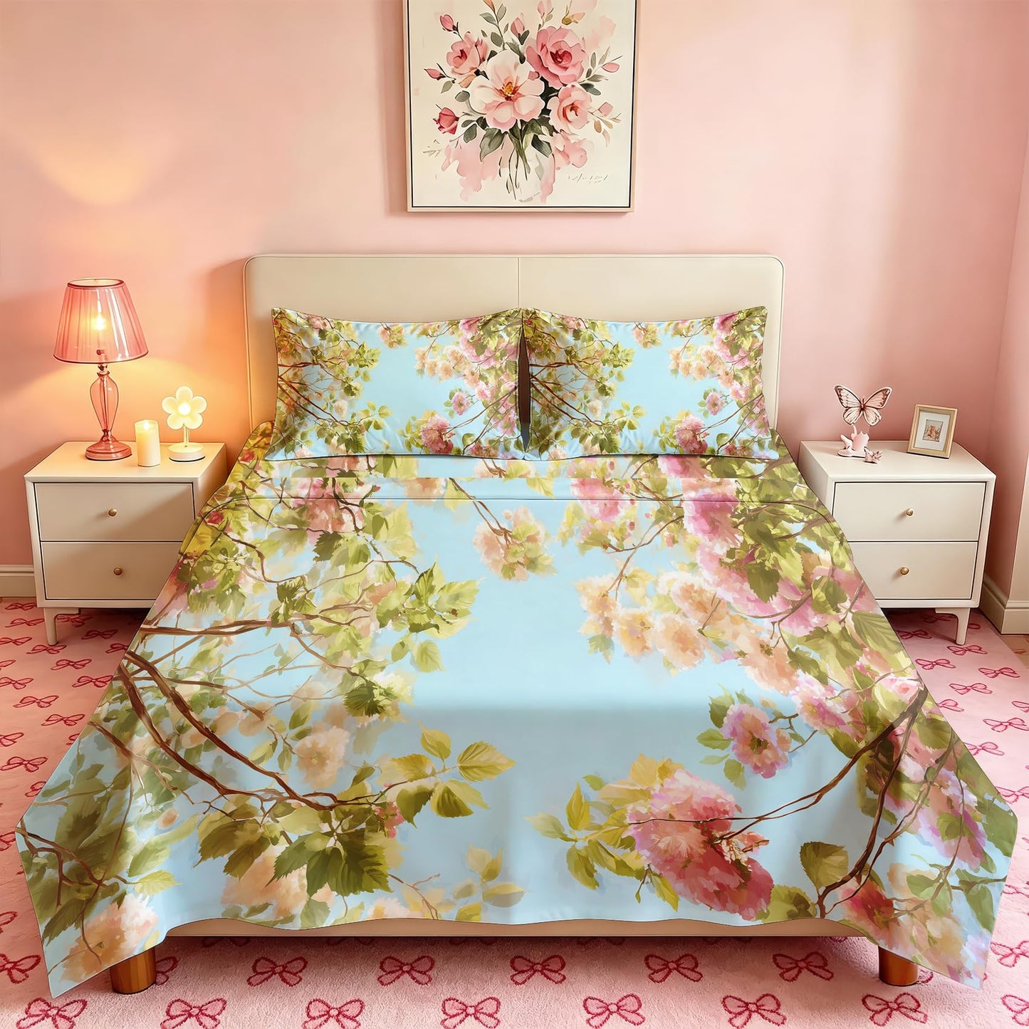 Spring Flower Bedding Set 4 Pcs Blue Sky Floral Queen Sheets
