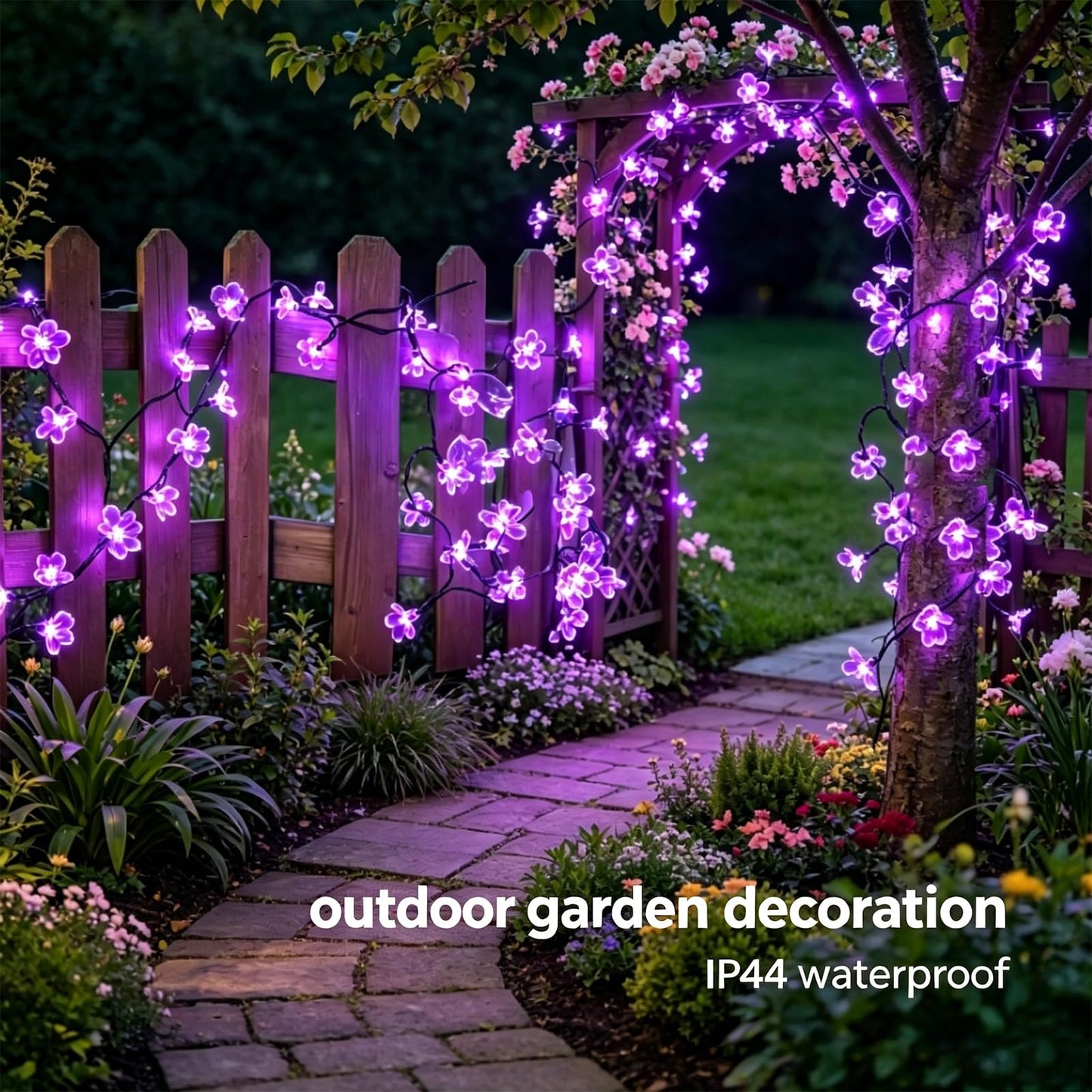 Purple Flower Fairy String Lights on Black Wire, Plug in Connectable 33FT 100 LED Waterproof with 8 Modes for Indoor Outdoor Christmas, Valentine's Day, Wedding Party & Patio Balcony Ambiance