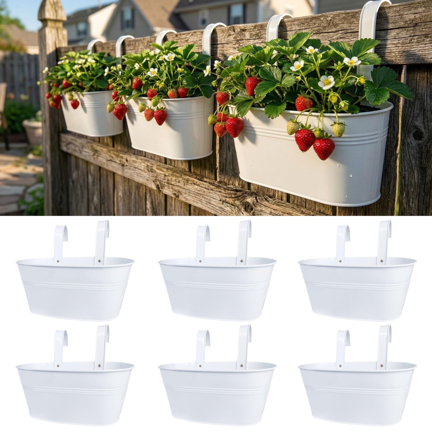 LaLaGreen Rail Planters for Outdoor (6 Pack, 11.2 Inch) White Metal Iron Hanging Flower Pots, Deck Railing Strawberry Planter Fence Bucket Wall Mount Window Box Plant Holder with Hooks Porch Decor