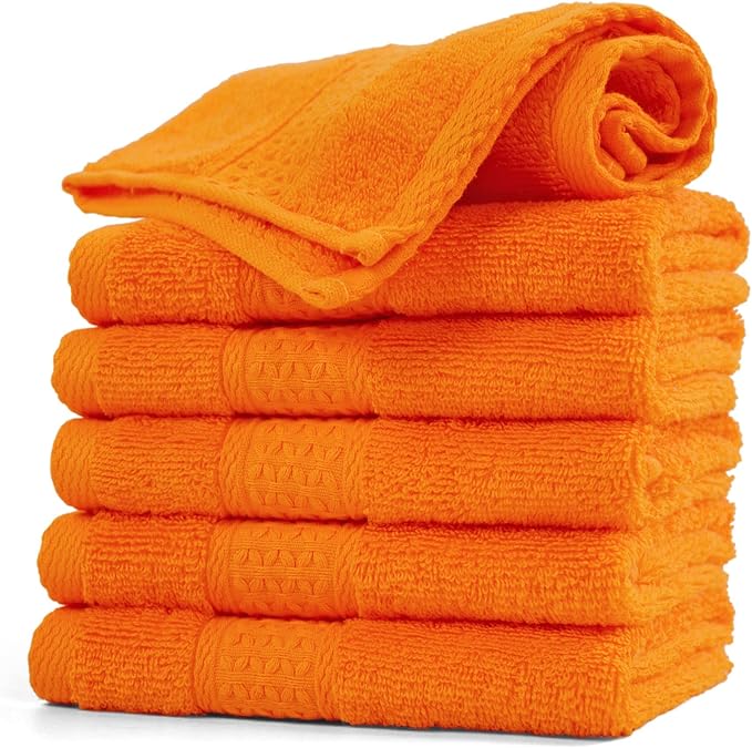 Cleanbear Washcloths Orange Face Cloths Set of 6 Large All Cotton Bathroom Wash