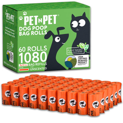 PET N PET 1080 Count Biodegradable Poo Bags Dogs USDA Certified 41 percent Biobased 72 Thick Dog Poop Bags Rolls 9x13 Leak-Proof Orange Unscented