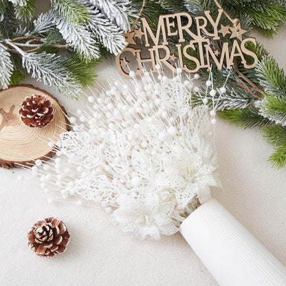 CristBest 24 Pack Christmas Tree Ornaments - Artificial Flowers Glitter Berry Stems Christmas Floral Picks Branches for Xmas Tree Decorations Vase Filler Holiday Wedding Party Home Decor (White)