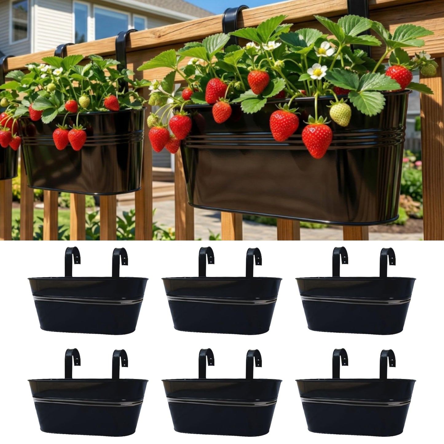 LaLaGreen Outdoor Plants Rail Planter Plants (6 Pack, 11.2 Inch) Black Metal Iron Hanging Flower Pots Deck Railings Fence Buckets Modern Style Wall Mount Window Box Plant Holder with Hooks Porch Decor