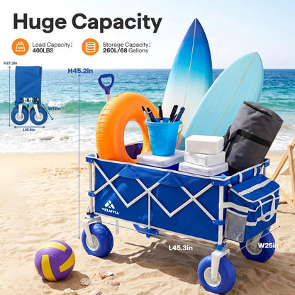 VELUVIA Beach Wagon with Balloon Wheels for Sand - 450LBS Heavy Duty Foldable All Terrain Wagon with 9" Balloon Tires- Collapsible Beach Dolly with Adjustable Handle & Cooler Bag for Beach - Blue