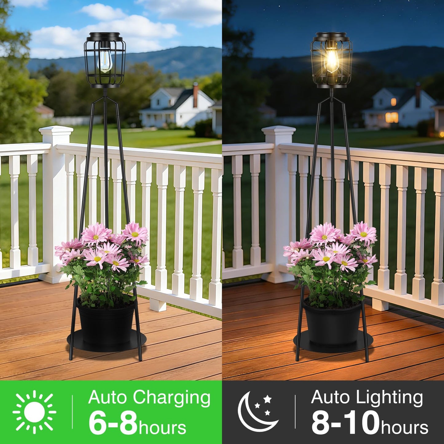 TOWPONICS 2-Pack Solar Lights with Plant Stands, 40.75'' Solar Powered Outdoor Floor Lamp with Planter, IP65 Waterproof Outdoor Lamp for Patio Deck Porch Yard Garden Decor, 8-12 Hours Lighting