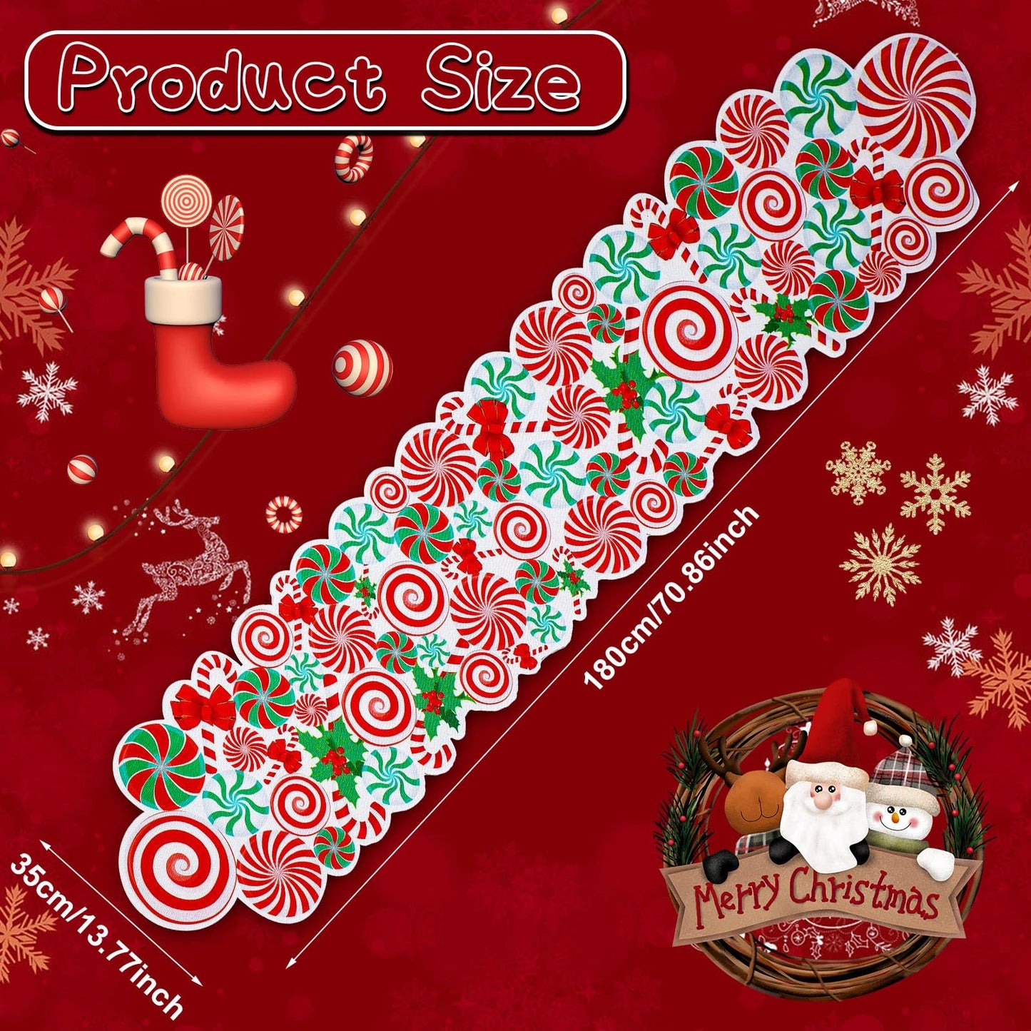 Kingdder Christmas Table Runner Candy Cane Peppermint Red White Green Lollipop Bow Table Mat Xmas Party Decor Centerpiece for Home Christmas Party Decoration, 71 x 14 Inch(Candy)