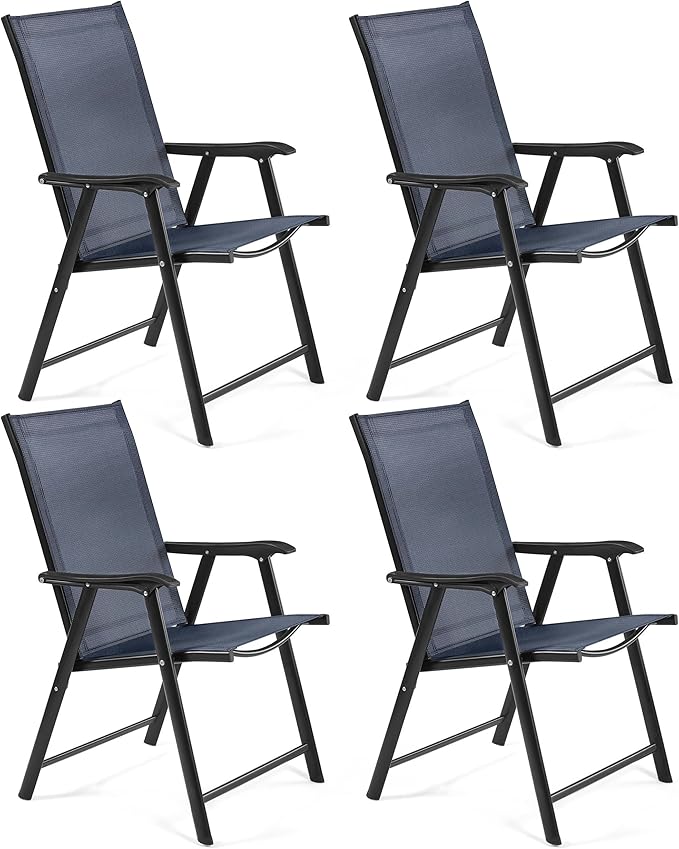 Yaheetech Outdoor Patio Chairs Set of 4, Portable Dining Chairs with Armrests for Camping, Lawn Yard Beach, Folding Outdoor Chairs 4-Pack with Metal Frame, Navy Blue