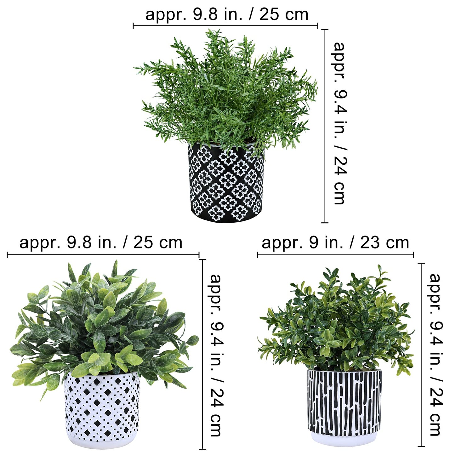 Winlyn 3-Pack Artificial Potted Plants - Faux Eucalyptus, Rosemary, Boxwood Greenery in Small Black & White Geometric Concrete Pots -Desk, Table, Shelf, Windowsill Decor for Indoor Outdoor Home Office