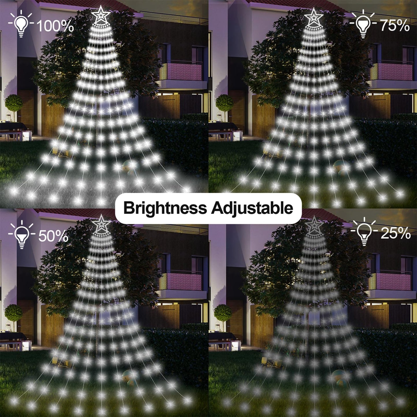 Christmas Solar Decorations Star Lights Outdoor, 11.48ft 350LED Waterfall Tree Lights with 8 Modes Timer Remote String Lights USB Powered for Garden Yard Patio Home Holiday Party Decor, Pure White