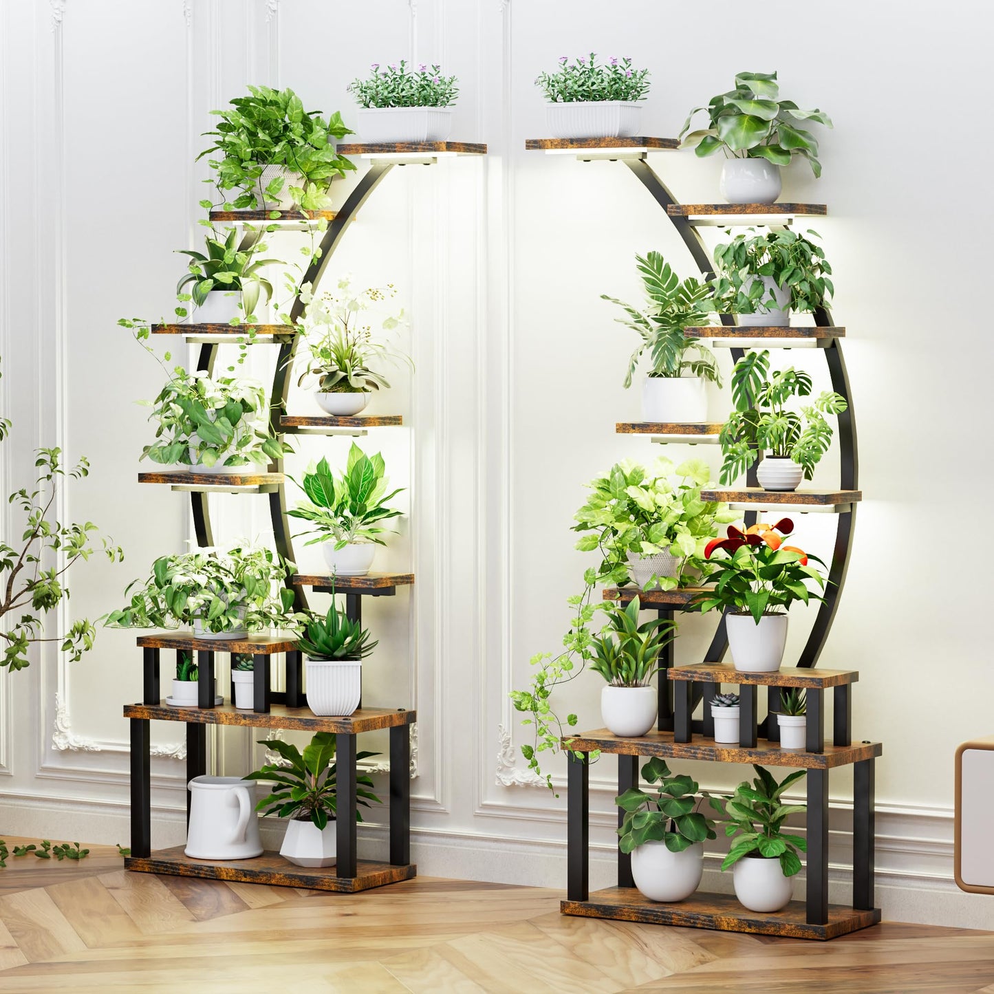 AnoYishev Plant Stand Indoor with Grow Lights, 2 Pack 63" Tall 9 Tiered Metal Plant Shelf, Large Plant Rack Display Shelves, Curved Plant Holder for Living Room, Patio