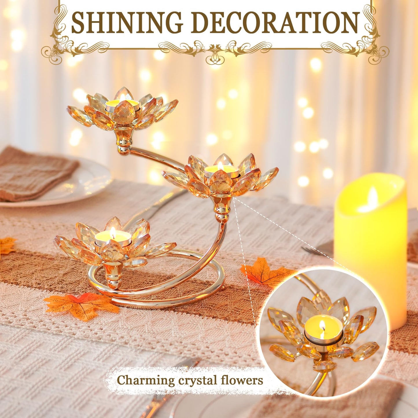 Kehail Gold 1 Pc Crystal Flower Shaped Candle Holder Set, 3-Arm Metal Votive Tea Light Candlestick for Table Centerpiece, Home Wedding Party Anniversary Decor