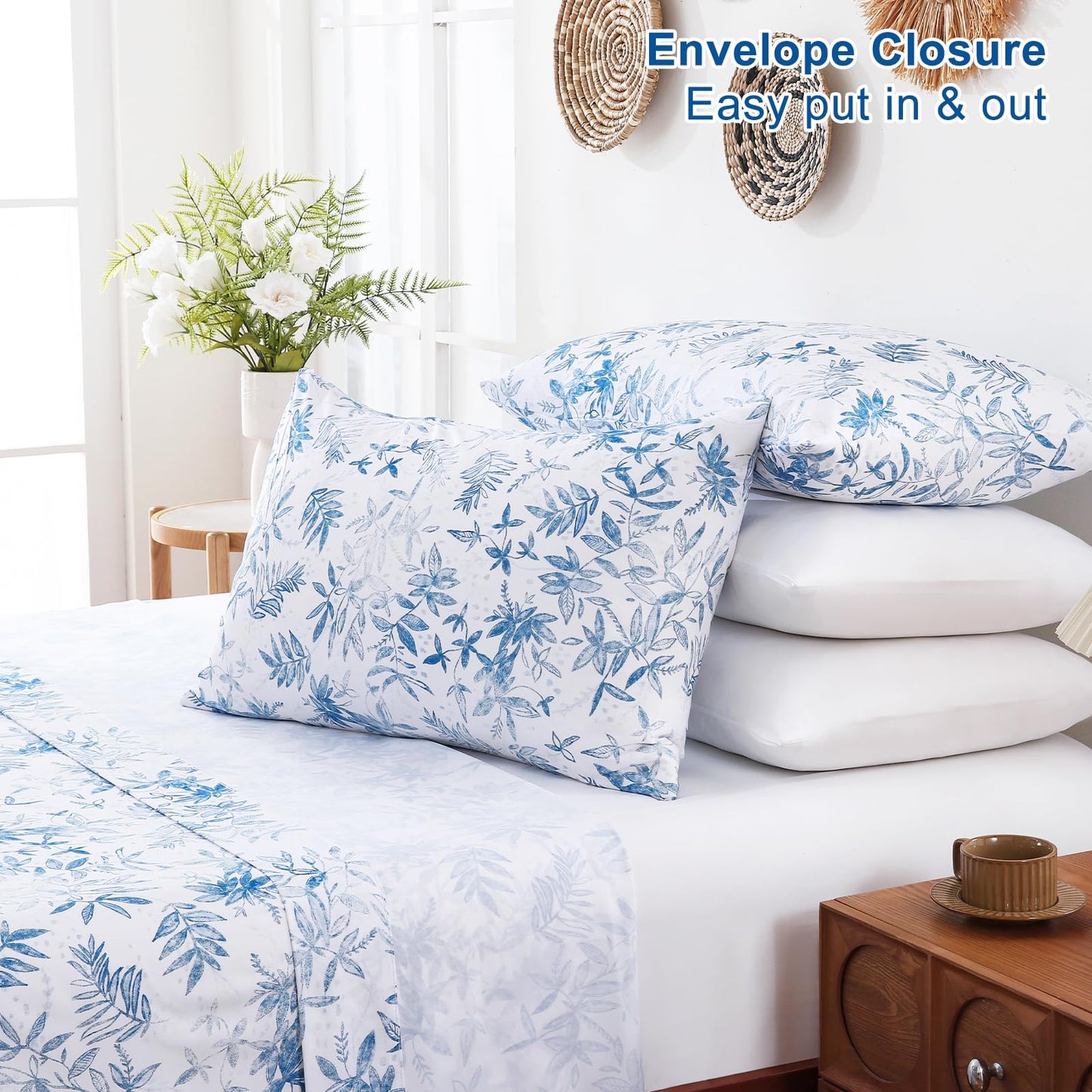 Swiftify Botanical Queen Bed Sheets Set 6-Piece, Boho Floral Brushed Microfiber Sheets, Cooling Bed Sheet Set, Soft & Breathable, 16' Deep Pocket Fitted Sheet & Pillowcase Set, Blue Fern Whisper