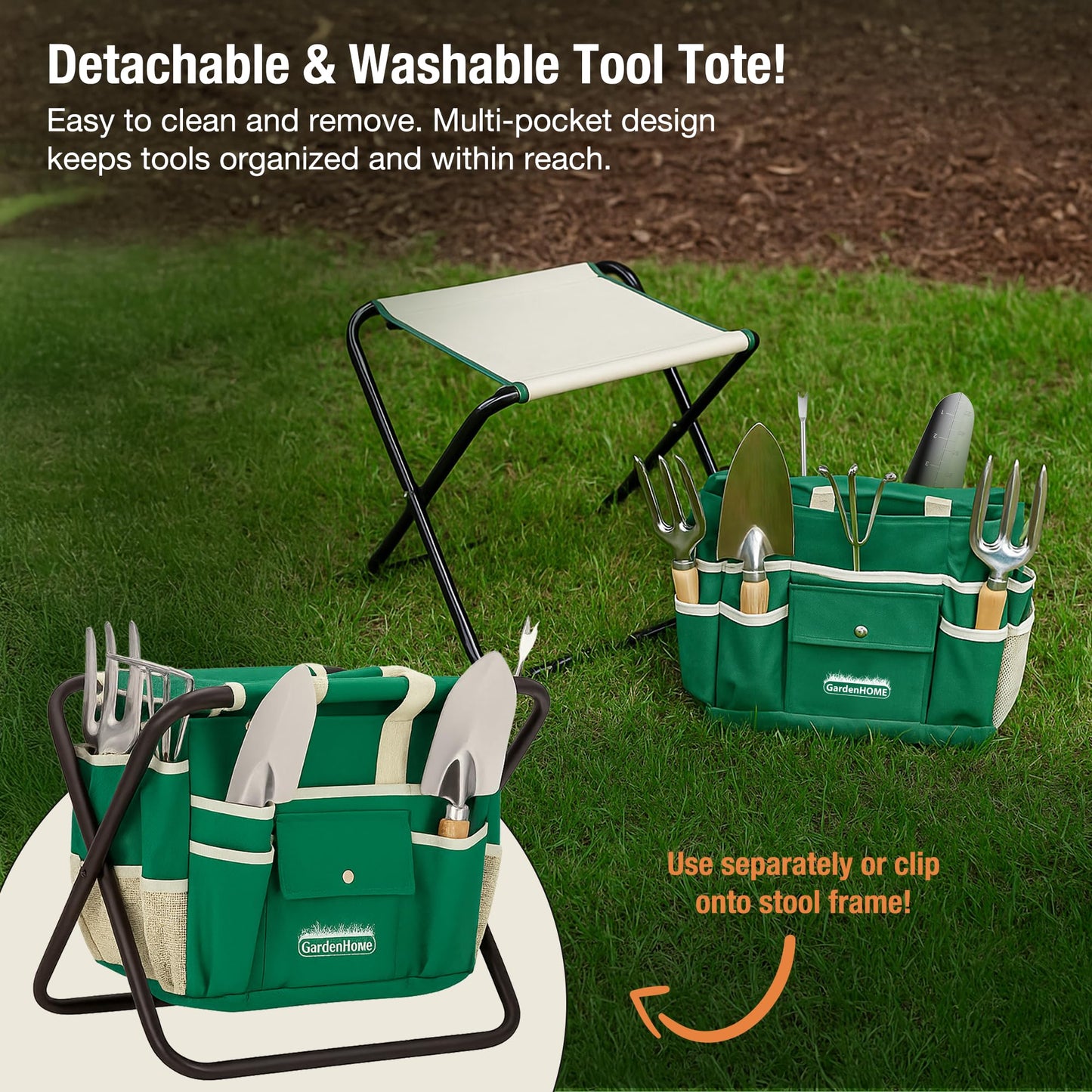 GardenHOME Garden Tool Set, Stainless Steel 7 Piece Tool Set, Heavy Duty Folding Stool, Detachable Canvas Tote Bag, Gardening Tool Kit Organizer