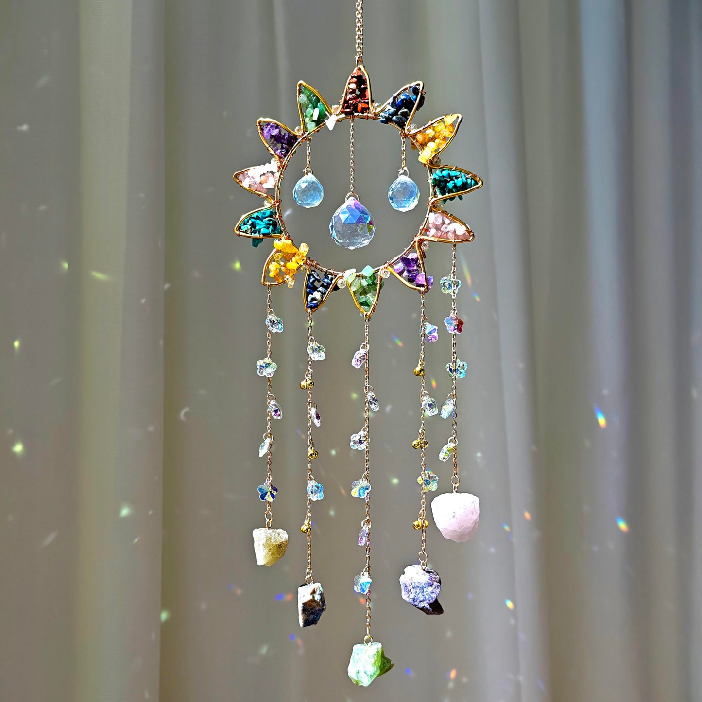 7 Chakra Crystal Sun Catcher Hanging Decor, Rainbow Maker with 3 K9 Crystal Prism Balls & Natural Crystal Stone, Wall and Window Decor Ornament for Home, Bedroom, Balcony, Handmade Gift.