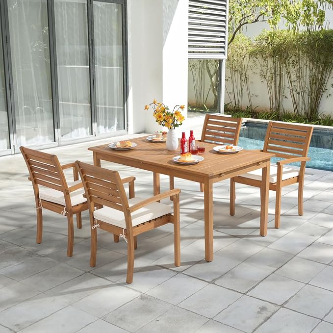 OC Orange-Casual Stackable Patio Dining Chairs Set of 2, Outdoor Acacia Wooden Chairs w/Armrest & Removeable Fabric Cushion, for Porch, Backyard, Garden, Indoor, Beige