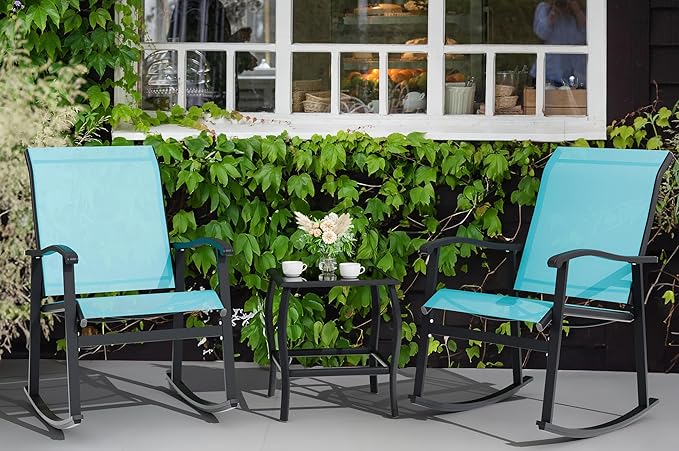 Vongrasig 3 Piece Outdoor Rocking Bistro Set, Textilene Fabric Small Patio Furniture Set, Front Porch Rocker Chairs Conversation Set with Glass Table for Lawn, Garden, Balcony, Poolside (Blue)