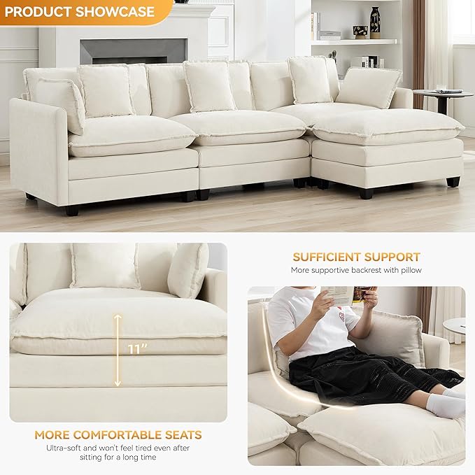111'' Sectional Cloud Deep Seat Couch, Modern Comfy Chenille L Shaped Sectional