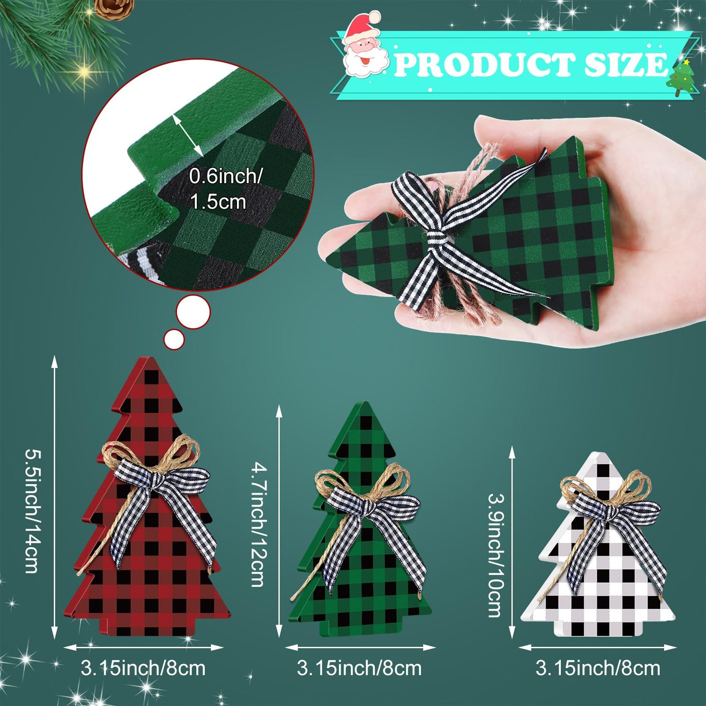 Yookeer Christmas Decor 3 Pieces Wood Table Rustic Christmas Tree Farmhouse Wooden Xmas Centerpiece for Small Table Xmas Trees Red Green Tiered Tray Party Decoration(Buffalo Plaid Style)