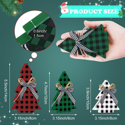 Yookeer Christmas Decor 3 Pieces Wood Table Rustic Christmas Tree Farmhouse Wooden Xmas Centerpiece for Small Table Xmas Trees Red Green Tiered Tray Party Decoration(Buffalo Plaid Style)