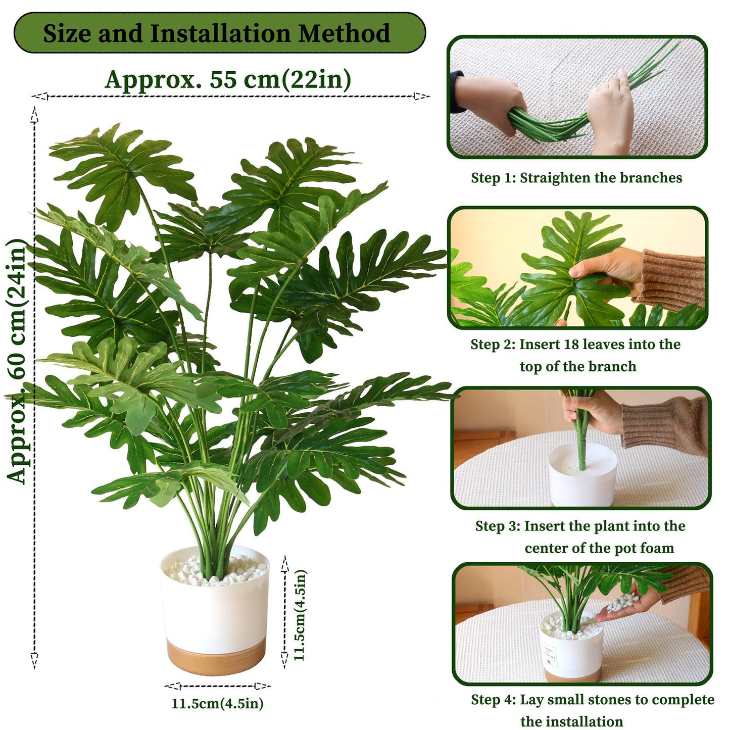 YXYQR Realistic 24" Potted Artificial Philodendron Selloum Plants – Fake Tall Tropical Plants with Pot for Indoor Outdoor Home Living Room Office Desk Shelf Decor