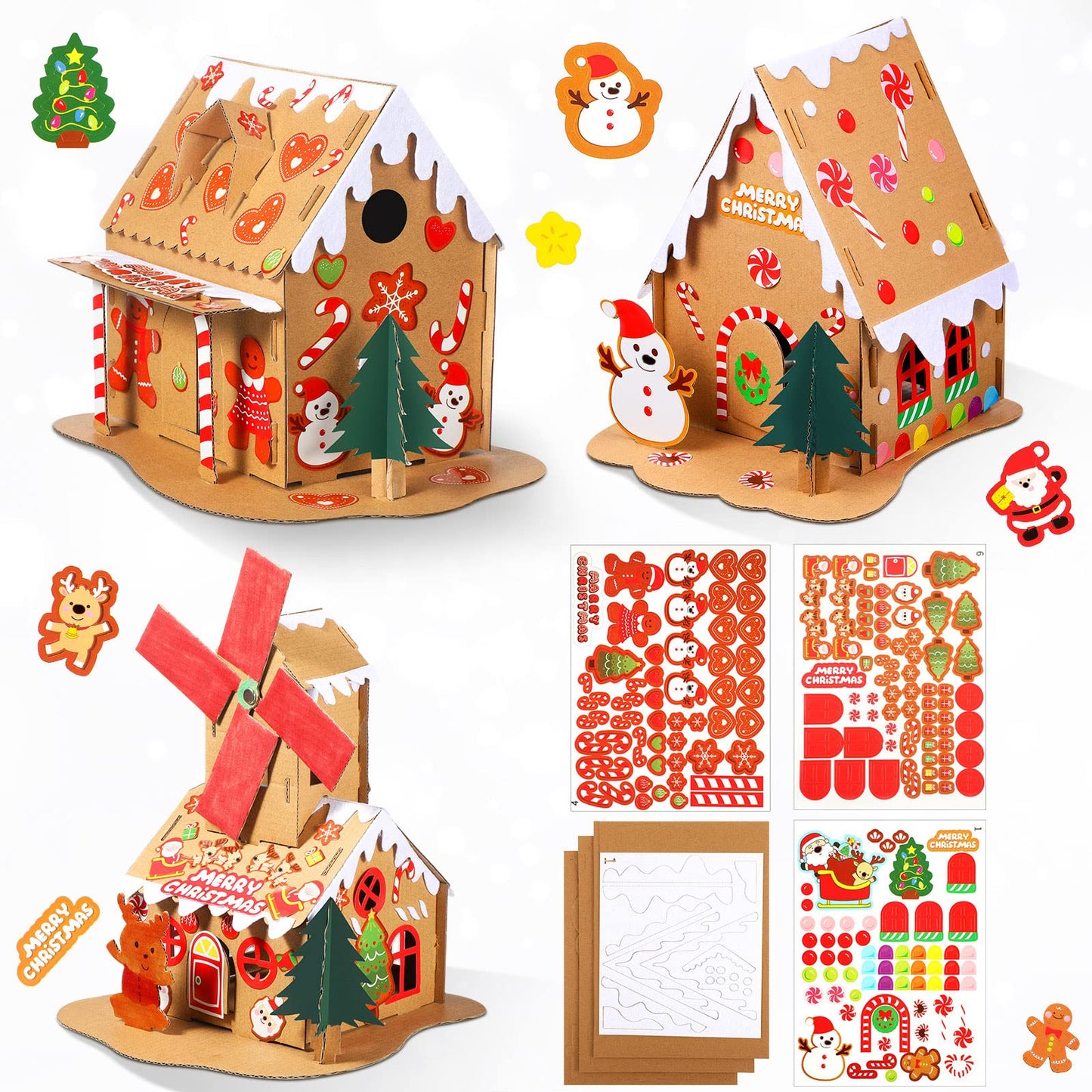 Sumind 3 Sets Christmas Gingerbread House Kit Small Xmas DIY Craft Kit Mini Christmas Cardboard Make-a-Gingerbread House Craft for Xmas Party Supplies Holiday Decor(Lovely Style)