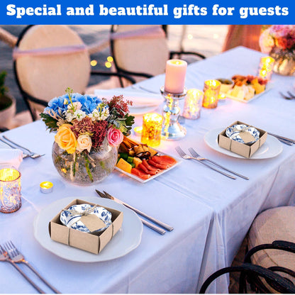 SiliFine 12 Pcs Wedding Favors for Guests Small Ceramic Bowl Bulk Gifts Set 3.3 Inch Floral Design Mini Dipping Sauce Dish with Card Box for Bridal Pooja Baby Shower Birthday (Flower,Blue)