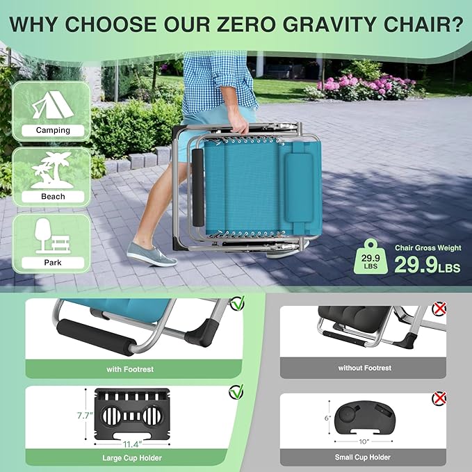 Suteck Oversized Zero Gravity Chair, 29In XL Outdoor Recliner Chair w/Removable Cushion&Headrest, Camping Lounge Chair w/Upgraded Lock&Footrest, Reclining Patio Chairs for Indoor Outdoor,500LBS