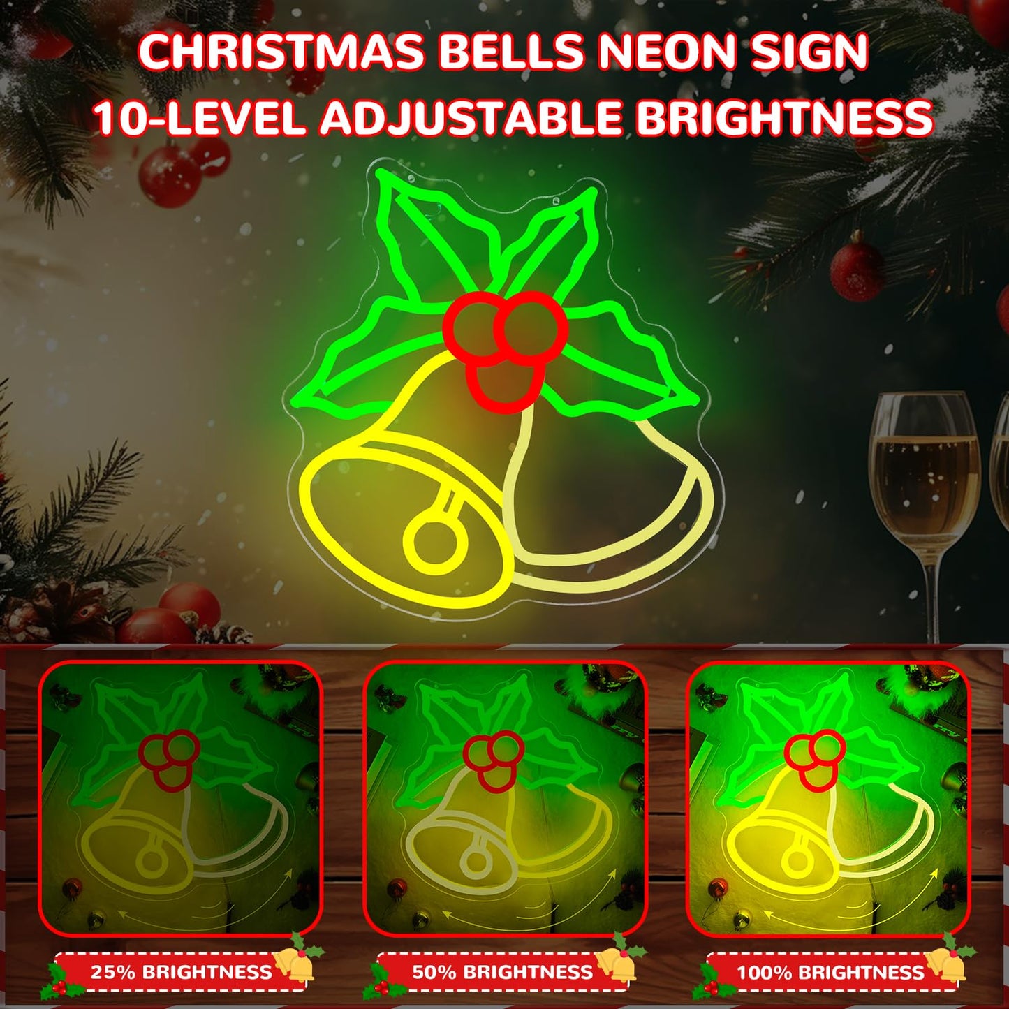 hhuohuona Christmas Bells Neon Signs for Wall Decor Dimmable Neon Christmas Sign Flashing Bell with Holly Led Sign Xmas Light Up Sign Led Window Lights for Home Party