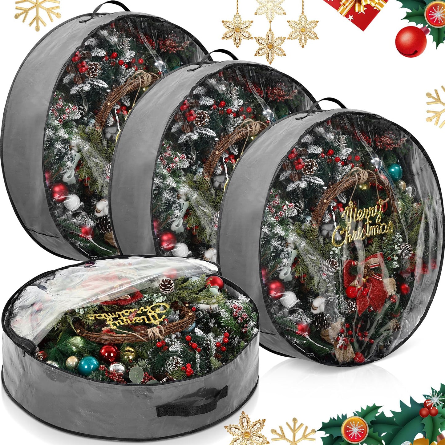 Aliceset 4 Pack Wreath Storage Containers, Ornament Garland Wreath Storage Bags with Handle Zipper Decorative Storages Box for Christmas in July Wreaths(24 x 24 x 7.8 Inch,Gray)