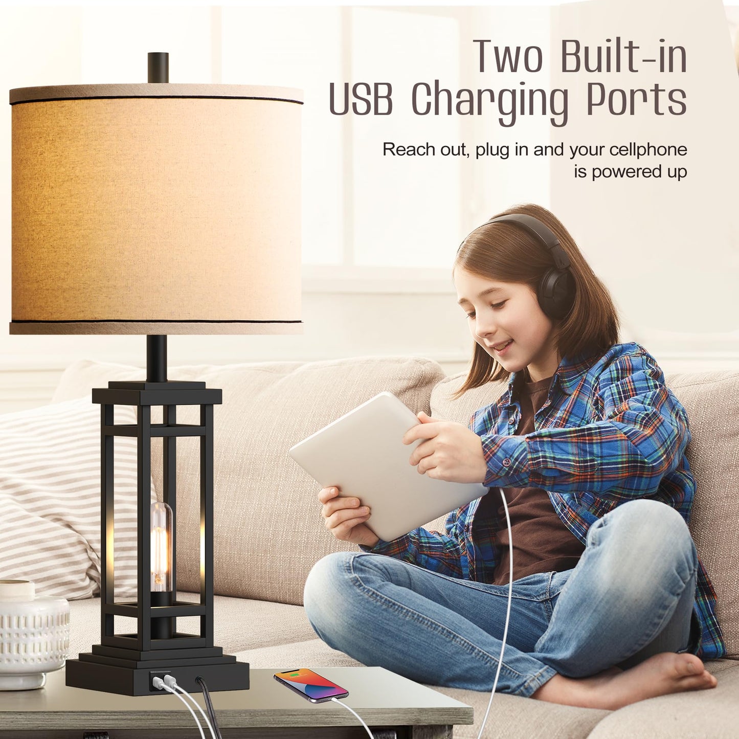 ROTTOGOON 27.5 Tall Farmhouse Table Lamps with USB C + USB A Charge Ports, Rustic Living Room Lamps Set of 2, Black Industrial End Table Lamp for Bedroom Living Room Nightstand (Black)
