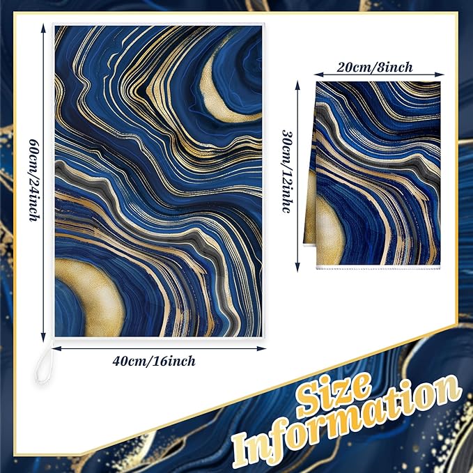 Boyiee 6 Pcs Marble Hand Towels Blue and Gold Towels Navy Blue Kitchen Towel