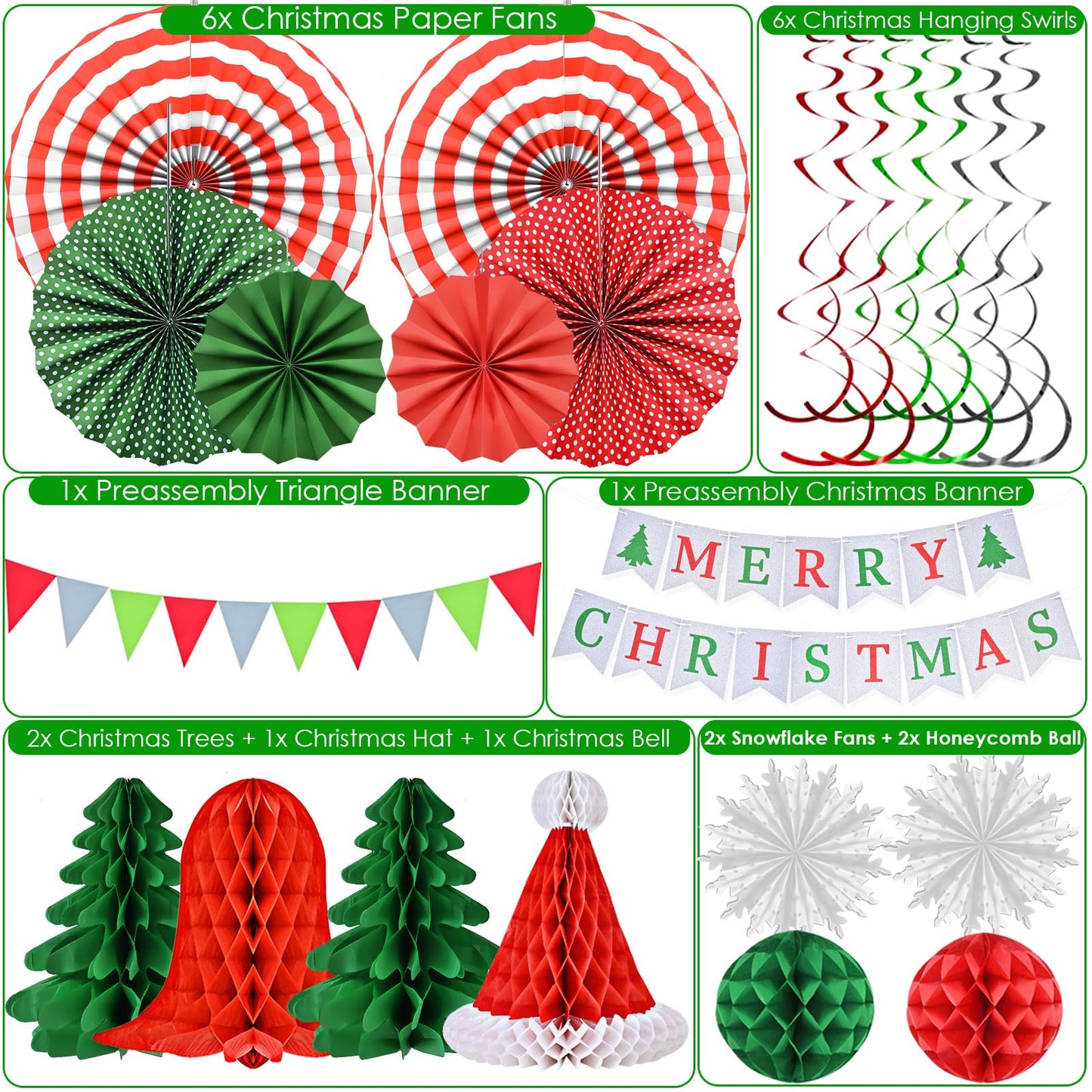 Ahfulife Christmas Party Decorations Supplies Set, Reusable Xmas Decor Kit Indoor - Merry Christmas Sign Banner for Home, Xmas Pennant Banner, Hanging Paper Tissue Fan Tree Garland