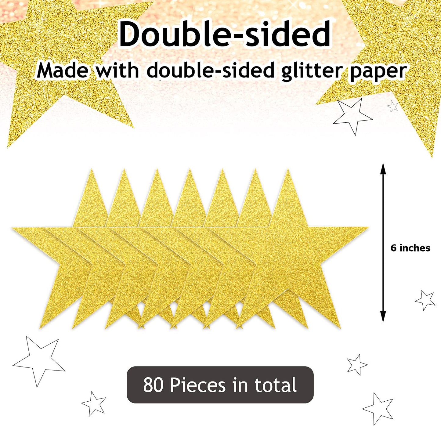 Gejoy 80 Pieces Gold Glitter Stars Cutouts Gold Stars Decoration Double Printed Paper Star for Movie Night Bulletin Board Decoration Classroom Wall Graduation Party Decorations 6 Inches