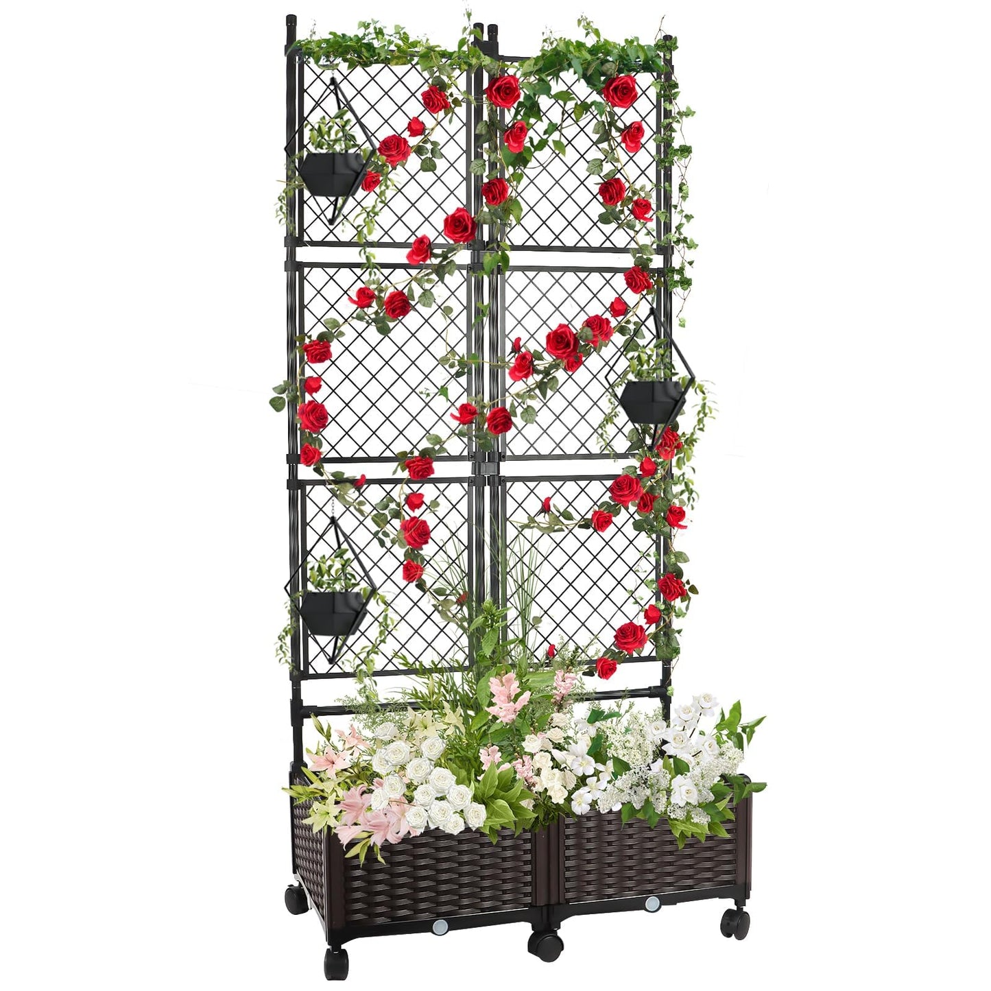 Kalolary 170CM Raised Garden Bed with Metal Trellis, Large Plastic Planter Box with Drainage Hole on Wheels Tomato Planters Climbing Trellis Outdoor Indoor for Climbing Plants Vegetable Flowers Vine