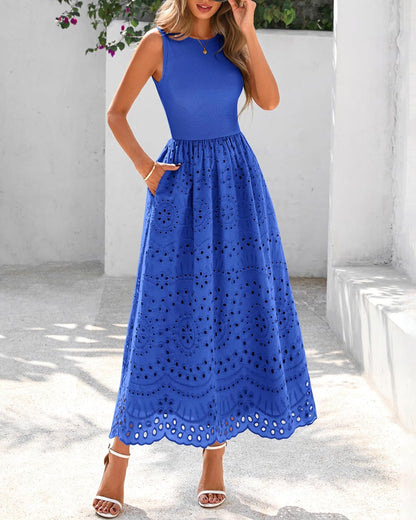 dowerme Women Summer Dresses 2025 Casual Sleeveless Crewneck A-Line Boho Lace Eyelet Cotton Tank Maxi Dress with Pockets