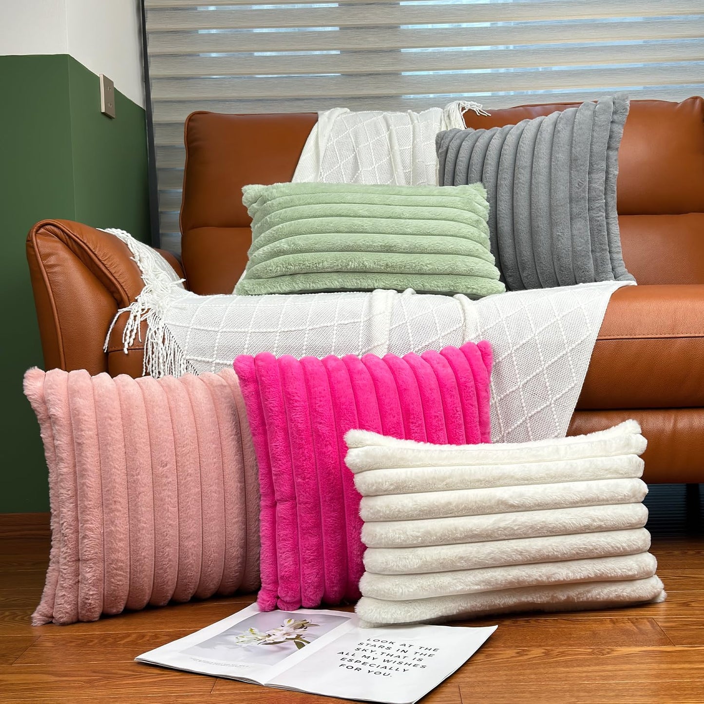 18x18 Throw Pillow Covers Set of 2, Decorative Faux Fur Covers for Bed, Couch Soft Fluffy Pillow Cover with Velvet Back for Living Room, Neutral Home Décor Accent for Sofa - Pink