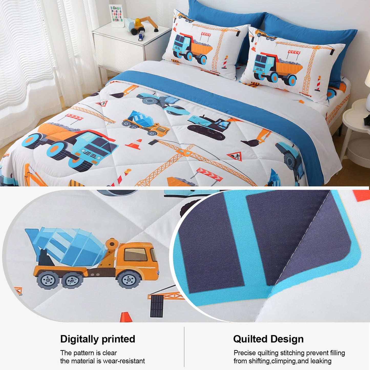 Jameswish 7 Pieces Boys Comforter Set Twin Size Excavator Bedding Set Cartoon Car Kids Bed in a Bag Construction Truck Bedding for Children Kids Boys Teens for Birthday Choice