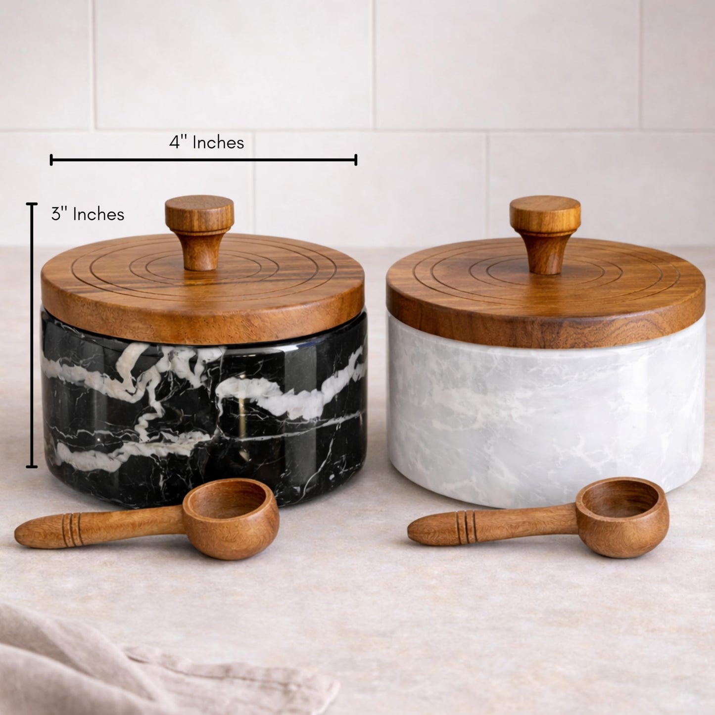 Marble salt and pepper containers with spoon, salt cellars with lid and spoons, salt and pepper holders, salt and pepper cellars, marble salt and pepper bowls with wooden lid - White/Black