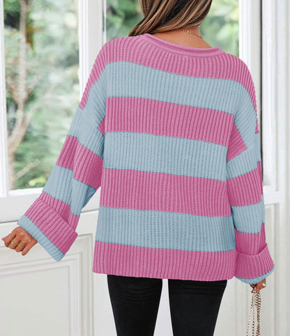 ZESICA Women's 2025 Fall Long Sleeve Oversized Striped Color Block Comfy Loose Crew Neck Knitted Pullover Sweater