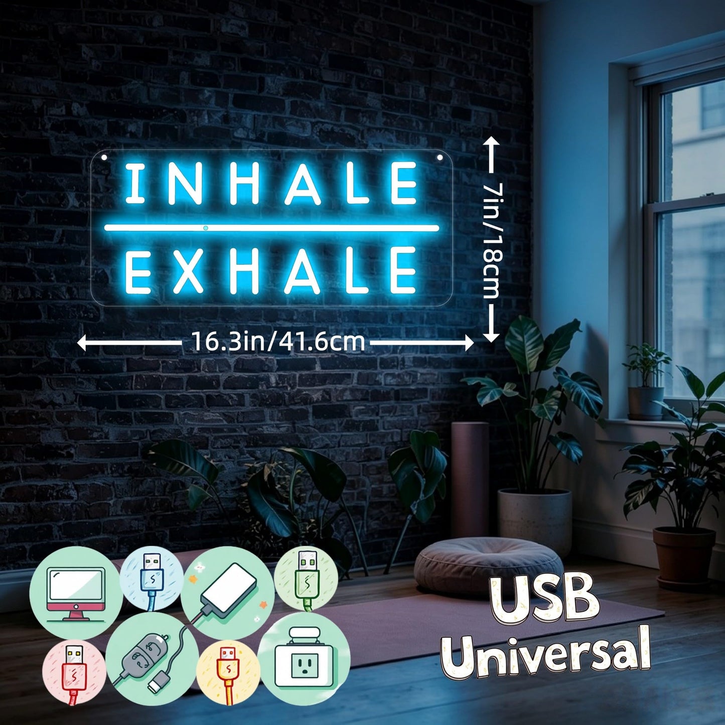 Inhale Exhale LED Neon Sign, USB Dimmable Neon Wall Decor for Yoga Studio, Meditation Room, Bedroom, Gym, Spa, Wellness Space, and Home Studio, Reading Room, Pilates Gift, Aesthetic Neon Sign Wall Quote-Ice Blue/Warm White-16.4" x 7"