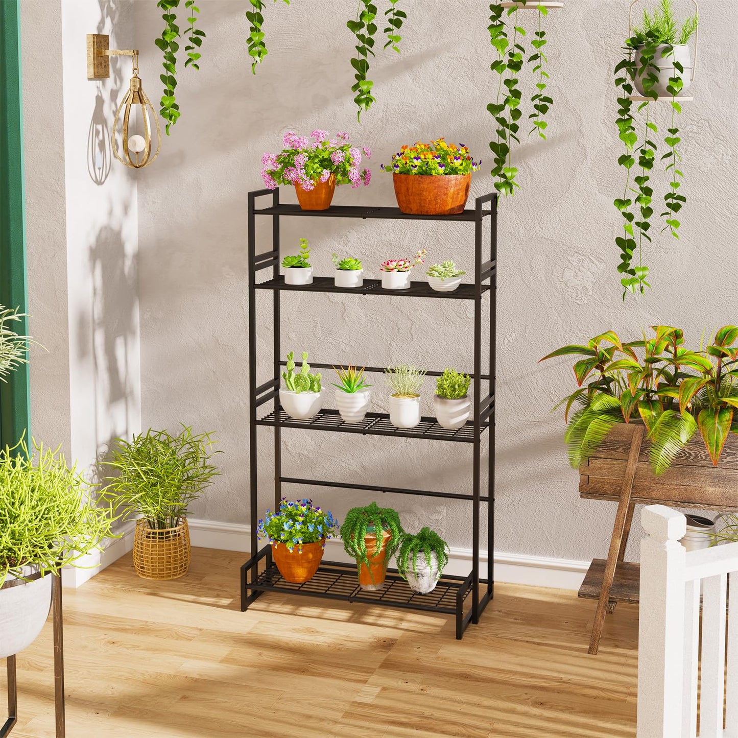 Garden 4 you 4 Tier Stair Style Large Metal Plant Stand Stackable, Garden Display Shelf Flower Pot Holder Storage Organizer Rack for Indoor Home Outdoor Patio Balcony Yard( Black,Rectangle)