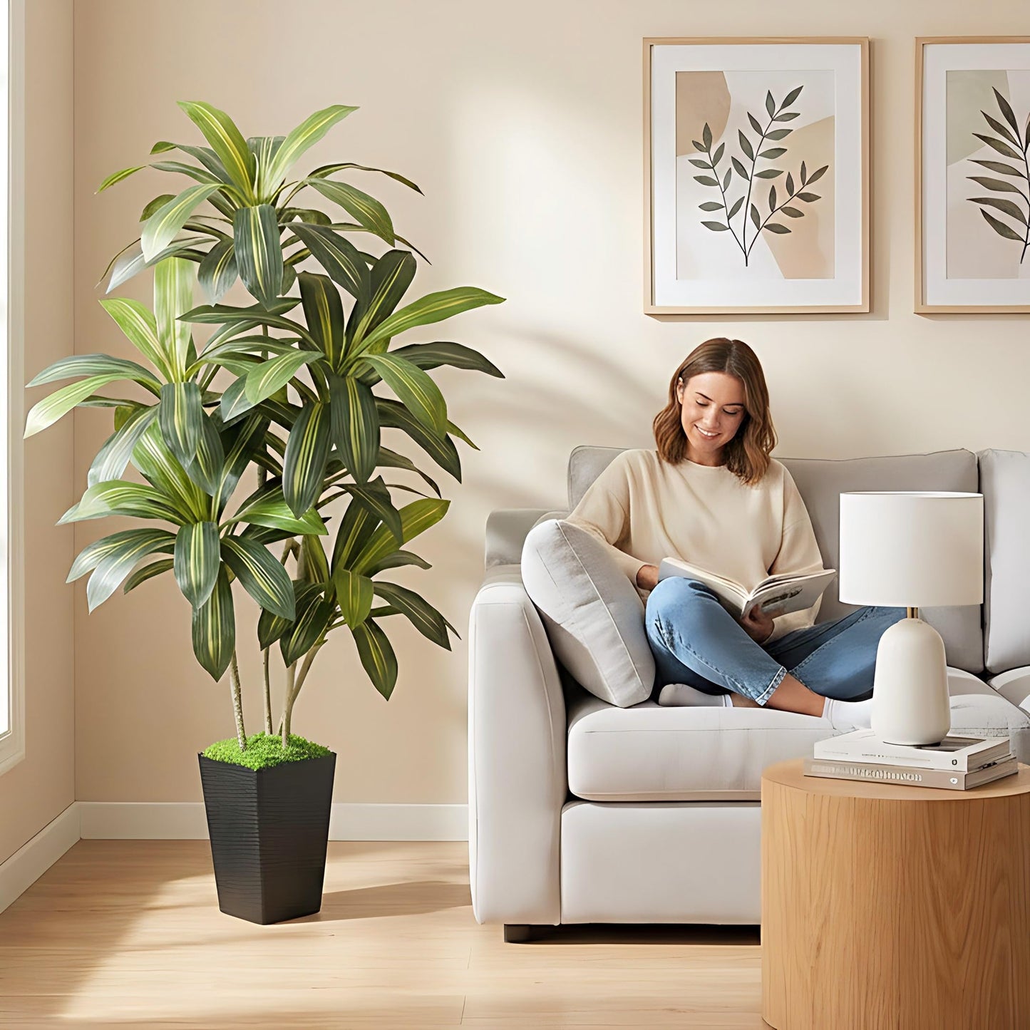 Artificial Dracaena Tree 6FT, Fake Tree with Black Tall Planter - Faux Yucca Tall Fake Floor Plant in Pot - Artificial Plant for Home Office Living Room Decor Indoor