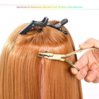 EHDIS Hair Extension Beading Tool Kit Stainless Steel Hair Extensions Micro link Bead Closer and Remover Pliers set, Beads Hair Pulling Hook & Micro Ring Loop Tool Set (Gold)