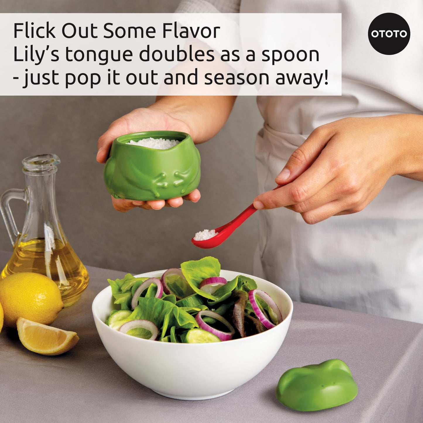 OTOTO NEW Lily Salt Cellar with Lid and Spoon - 6 oz Frog Salt Containers for Countertop, Ceramic Salt Holder with Lid for Sugar, Frog Stuff, White Elephant Gifts, Cute Gifts Accessories - Green
