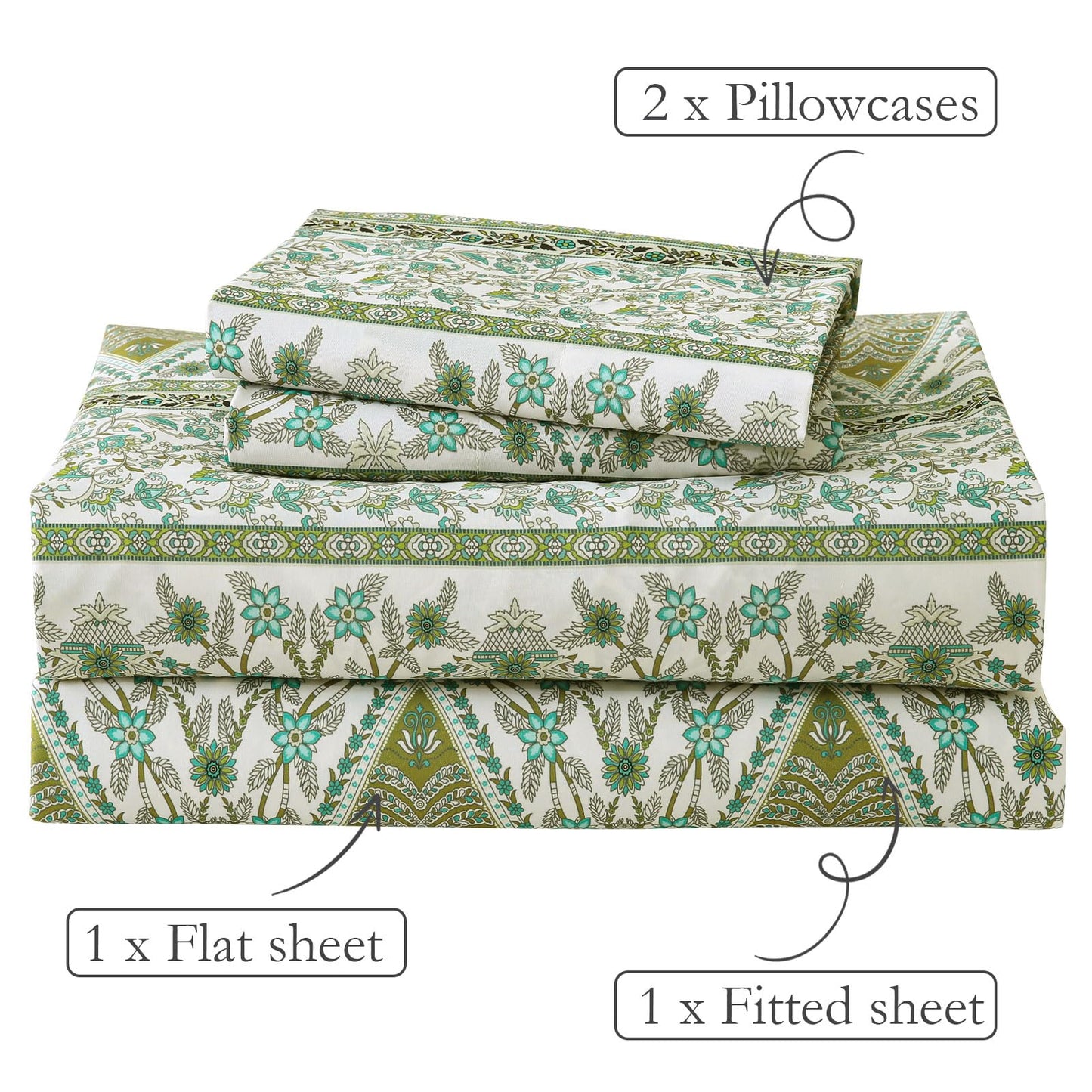 ChicView Queen Size Paisley Printed Sheet Set,4 Pieces Boho Style Breathable Soft Microfiber Bedsheets, Anti Pilling Deep Pockets Easy Care Bed Sheets, Green