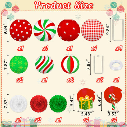 Renbuzhu 15PCS Christmas Decorations Ornaments Set – 9 Red White Green Paper Lanterns, 4 Pom Poms, 2 Hanging Swirls for Indoor, Home, Xmas Party, Porch Decor