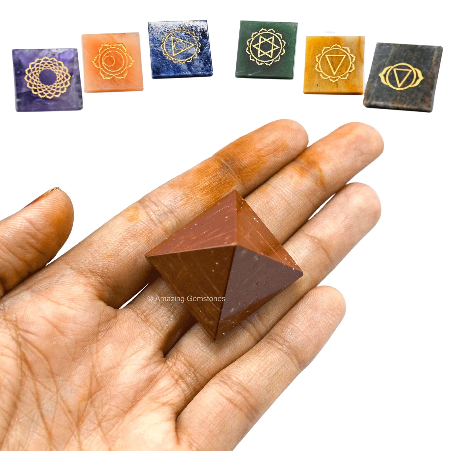 Amazing Gemstone 7 Chakra Pyramid Set for Reiki Healing Crystal with Engraved Reiki Symbols - Energy Balancing Polished Chakra Set with Velvet Pouch