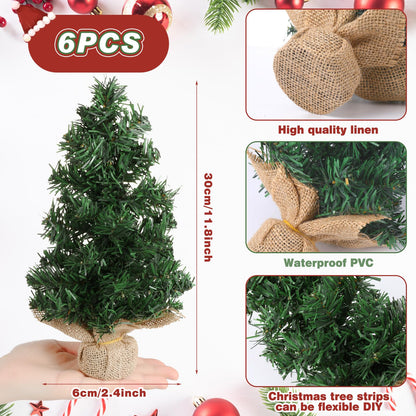 Yinder Tabletop 6 Pcs Mini Christmas Tree 11.81 Inch Artificial Mini Xmas Miniature Pine Christmas Tree with Linen Base for Xmas Holiday Decorations Indoor Home Kitchen Dining Table